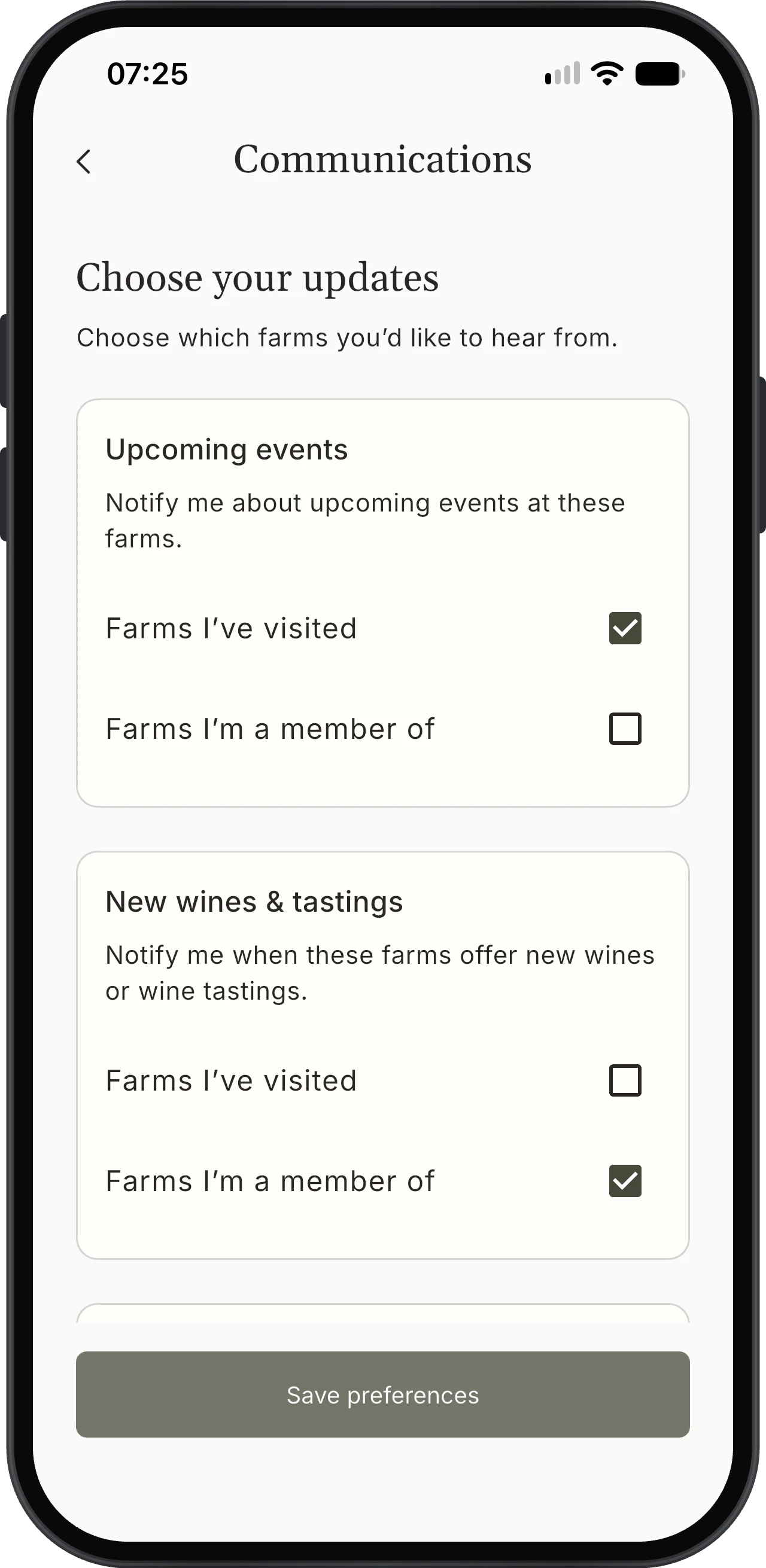 Korkage Communications preferences for upcoming events and new wines or tastings