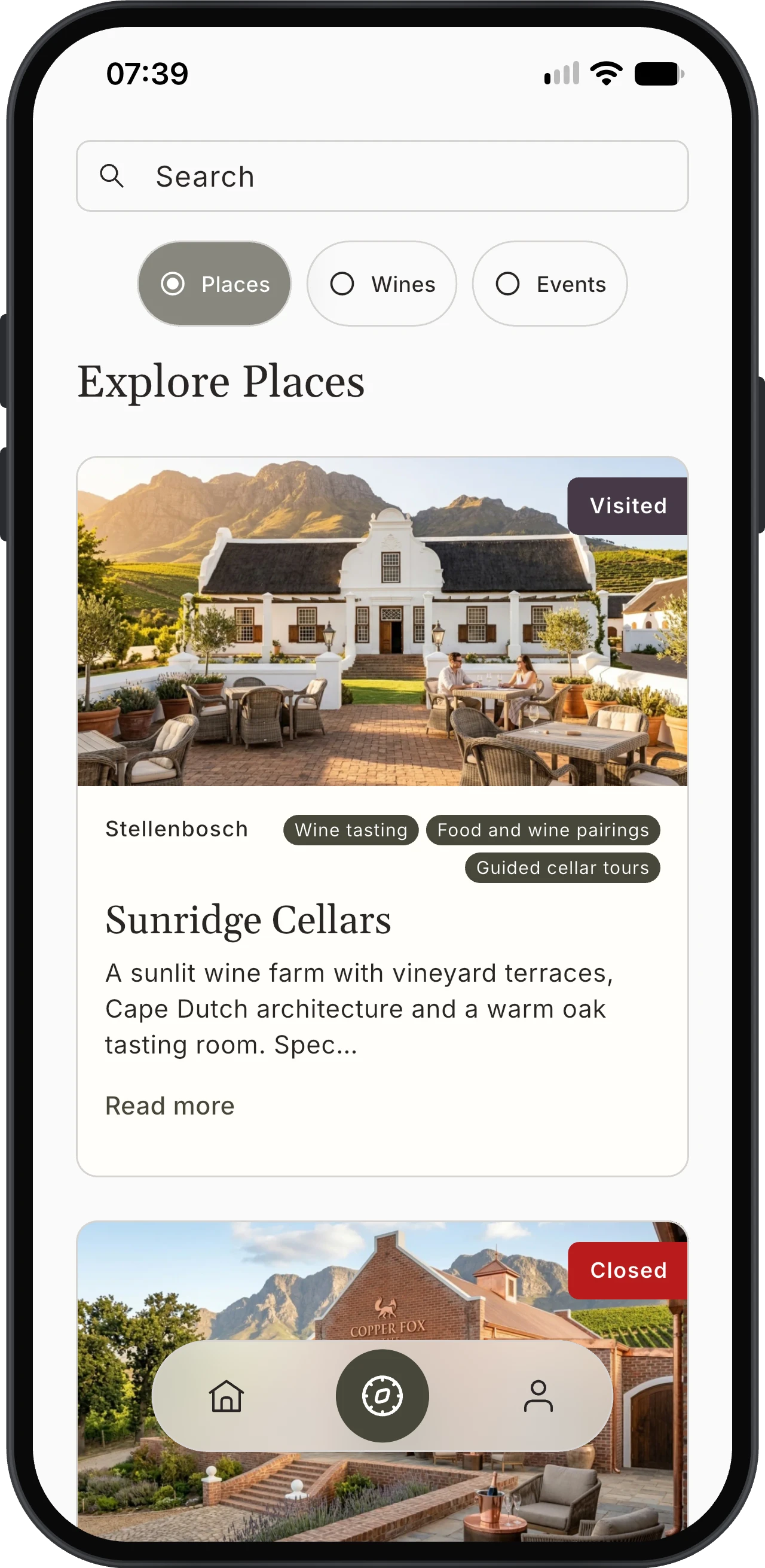 Korkage Explore Places showing wine farms, venue amenities and visit badges