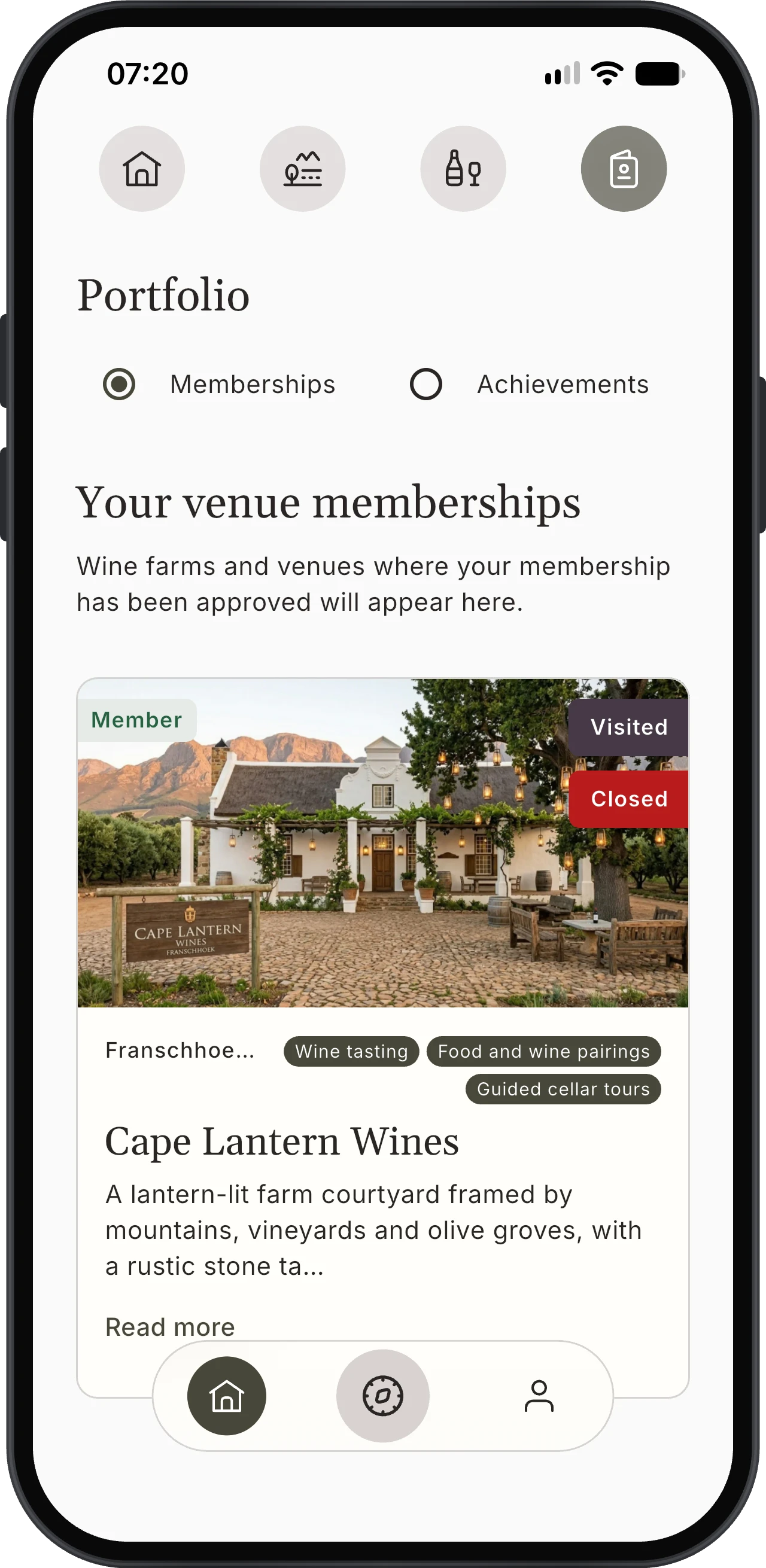 Korkage Portfolio Memberships tab showing an approved venue membership