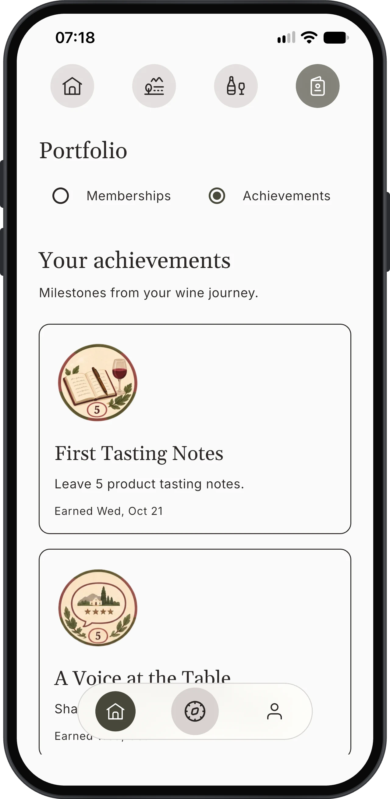 Korkage Portfolio with Memberships and Achievements tabs and earned achievement badges