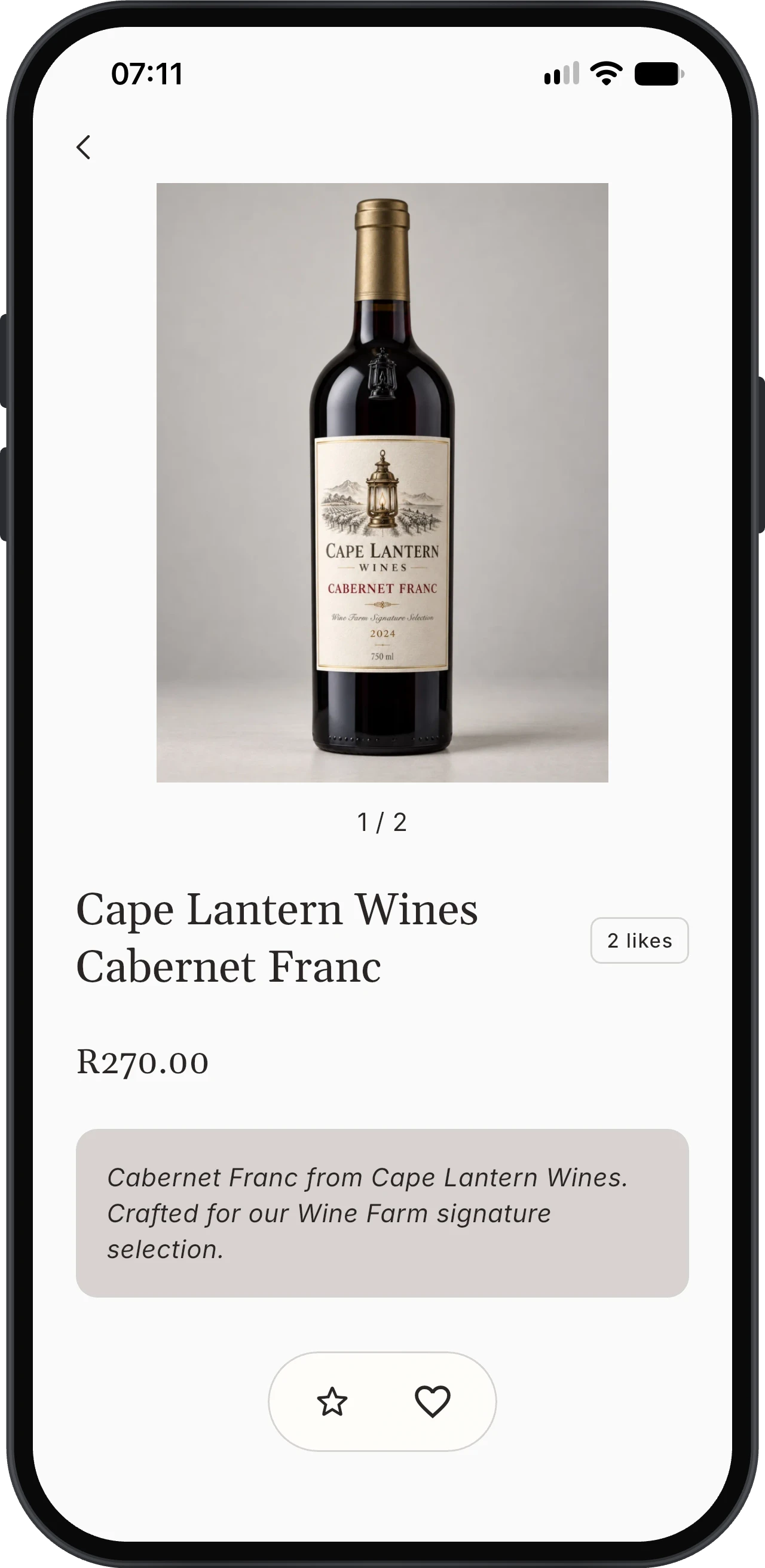 Korkage wine detail showing a Cabernet Franc bottle, price, description and rating and like actions