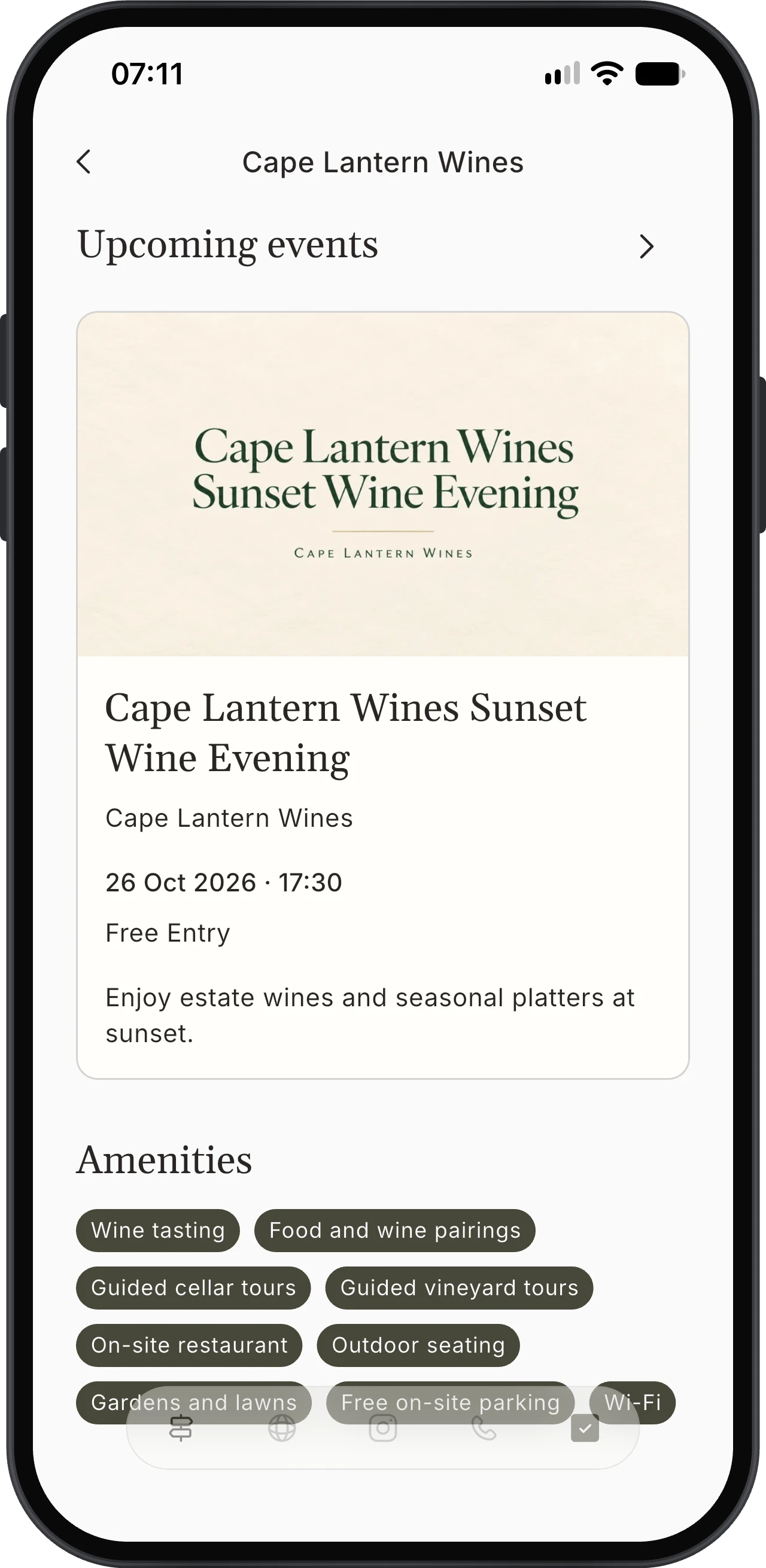 Korkage venue detail showing an upcoming wine evening and amenity labels