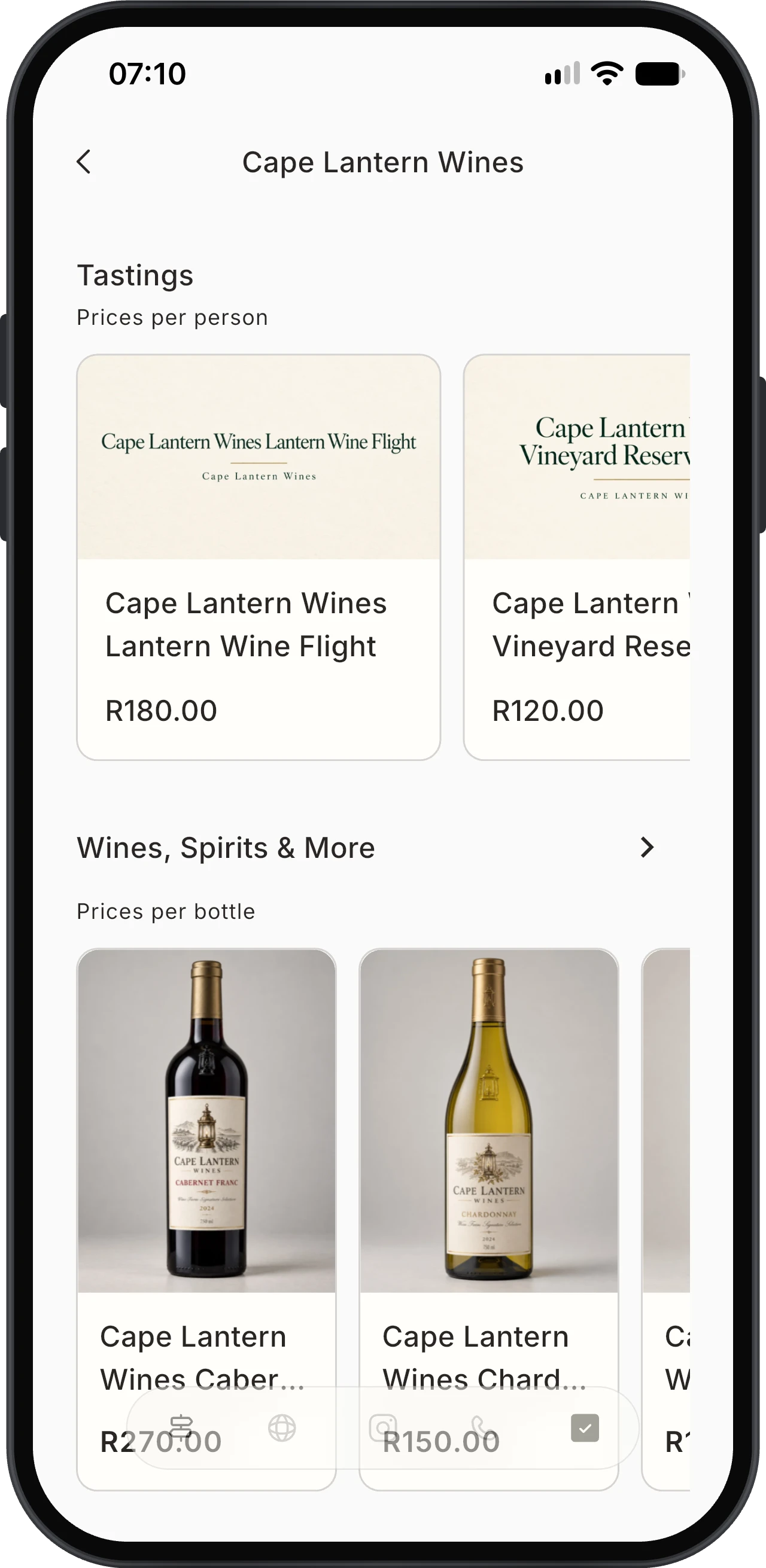 Korkage venue catalogue showing tastings with prices per person and wines with bottle prices