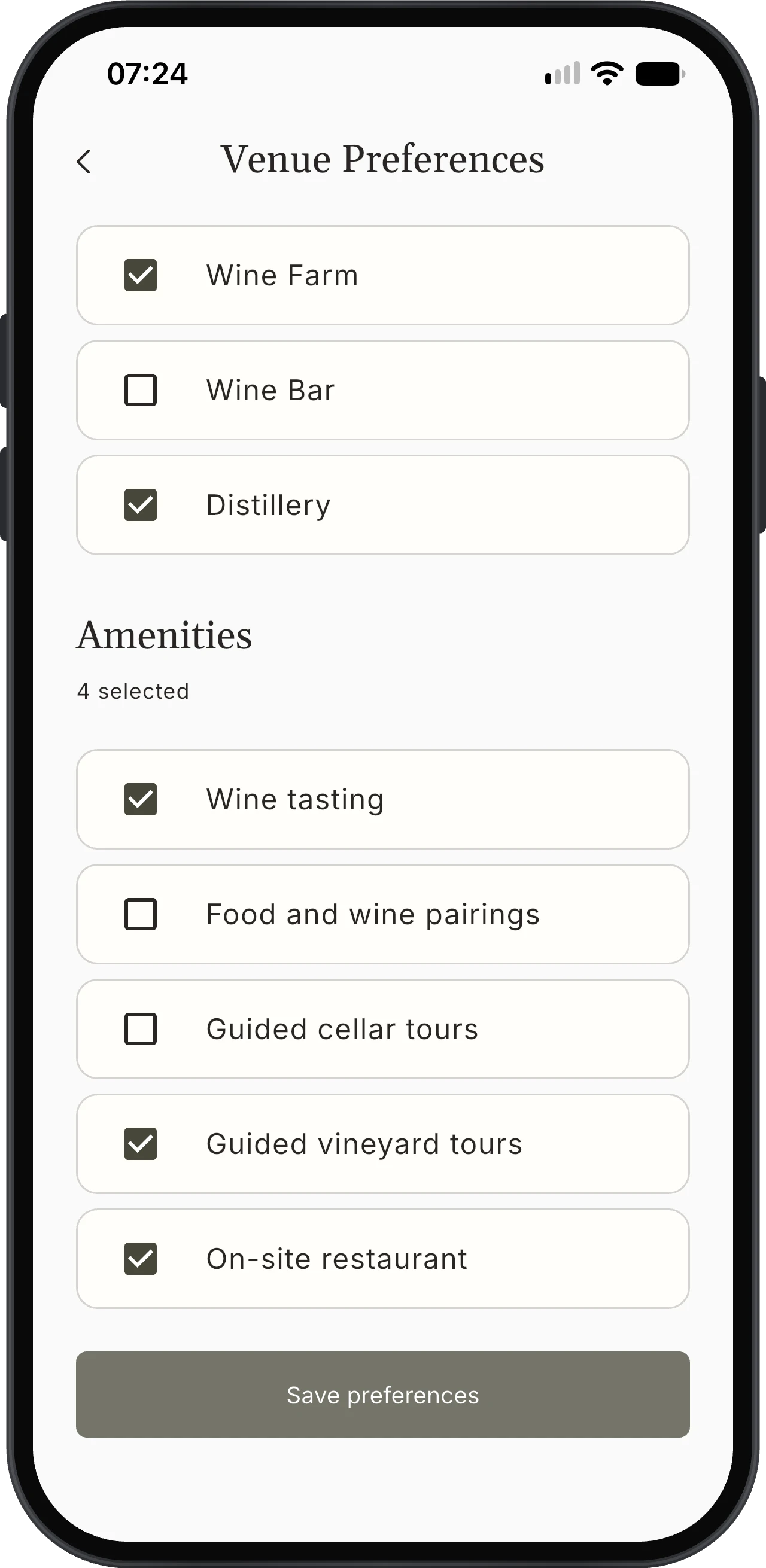 Korkage Venue Preferences with wine farm, wine bar and distillery choices and amenity checkboxes