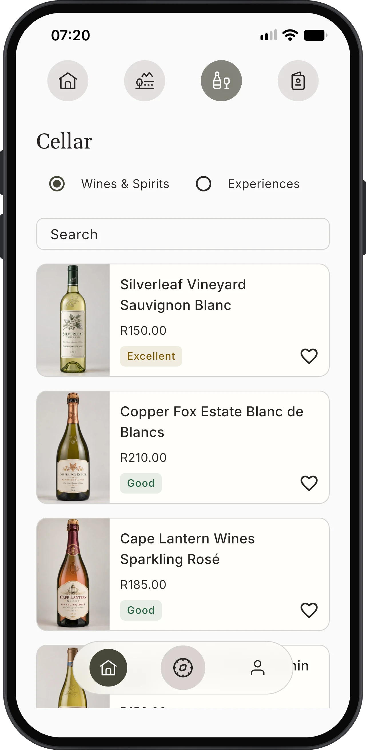 Korkage Cellar with Wines and Spirits and Experiences tabs, search, prices, personal ratings and hearts