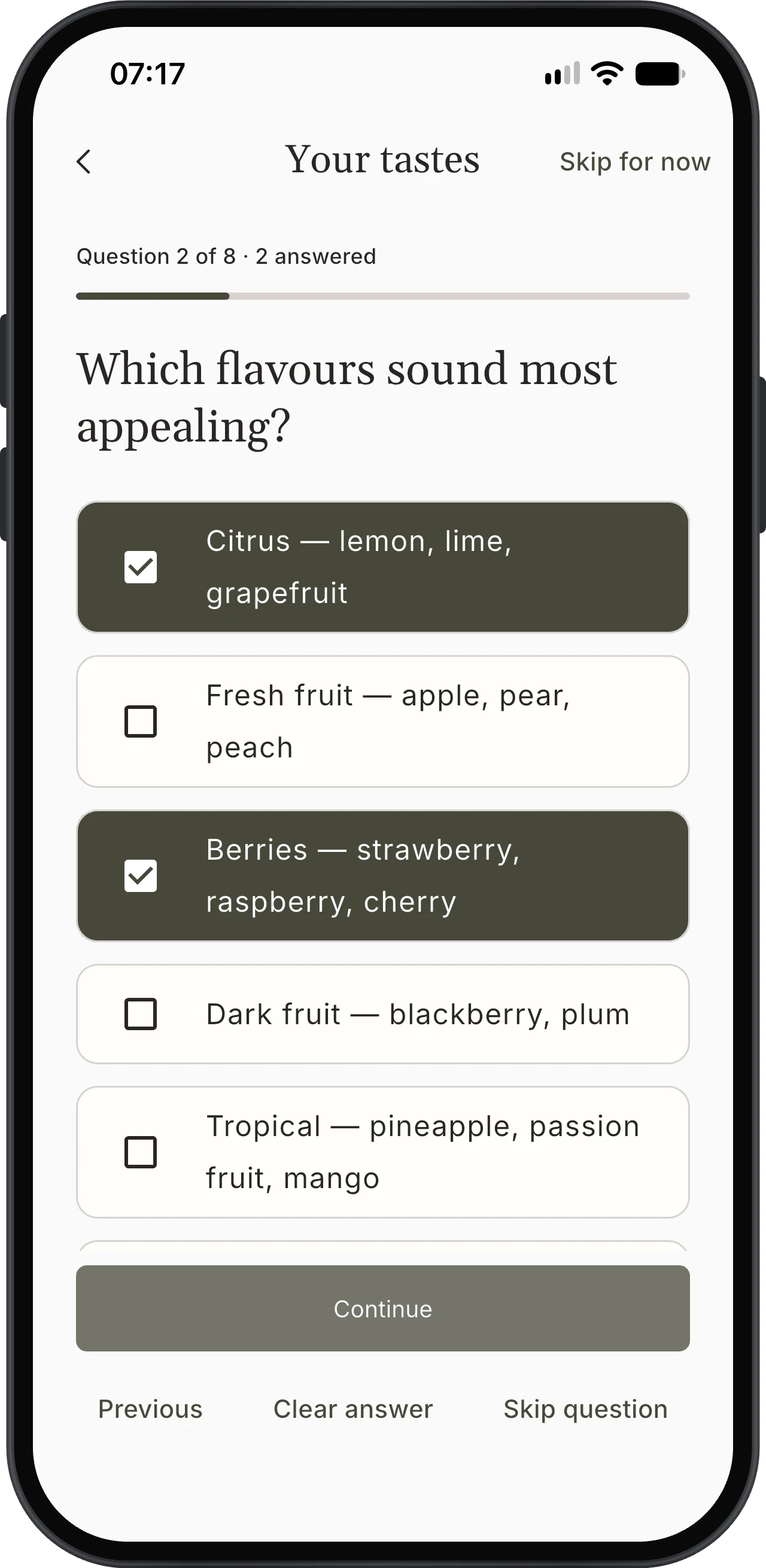 Korkage taste questionnaire with flavour preferences and progress
