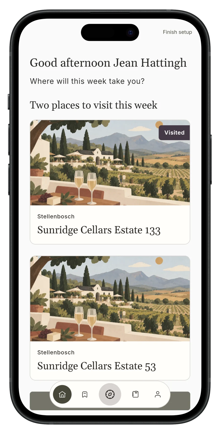 Korkage home screen with two suggested wine farms to visit this week on iPhone