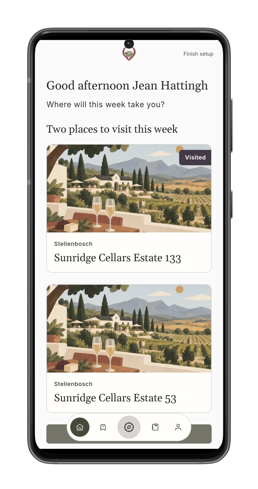 Korkage home screen with two suggested wine farms to visit this week on Android