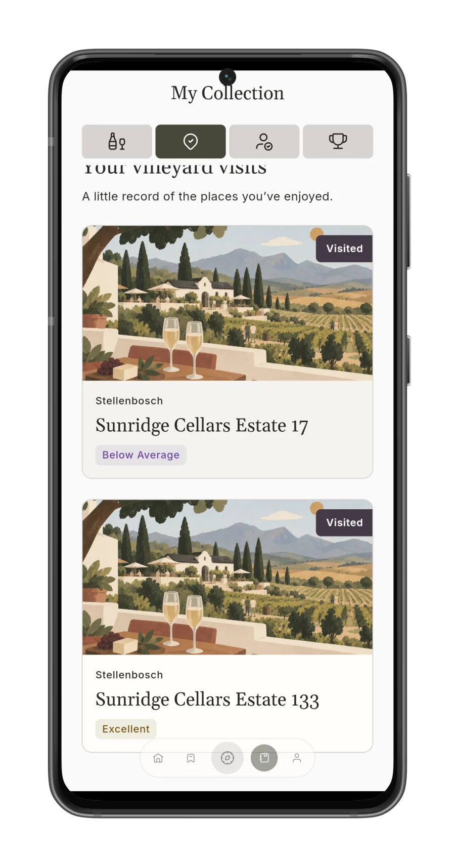 Korkage vineyard visit history with visited wine farms and ratings on Android