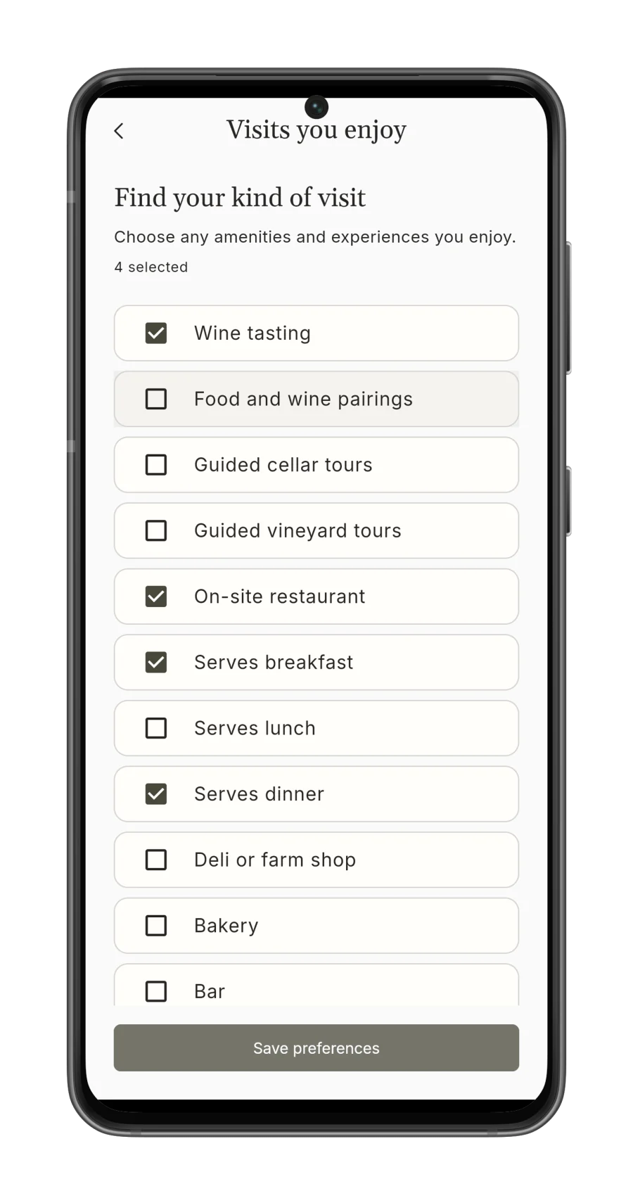 Korkage visit preferences with tasting, dining and vineyard tour options on Android